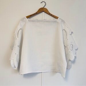 Handmade Upcycled Linen Tablecloth Square Neck White Lace Sleeve Women's Top
